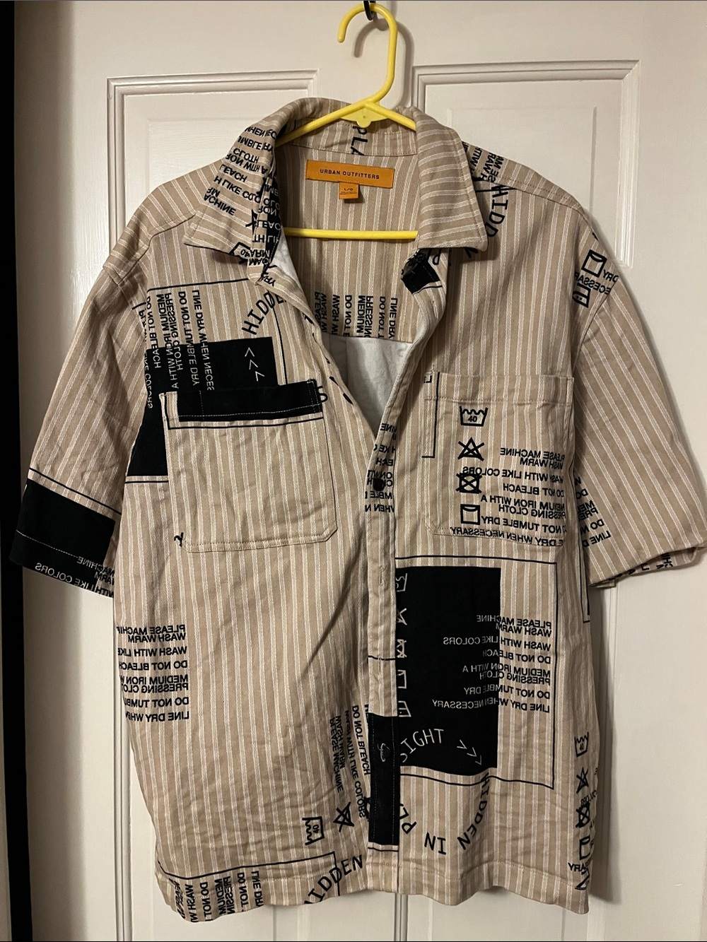 Urban Outfitters Beige Striped Button-Down Shirt with Black Print